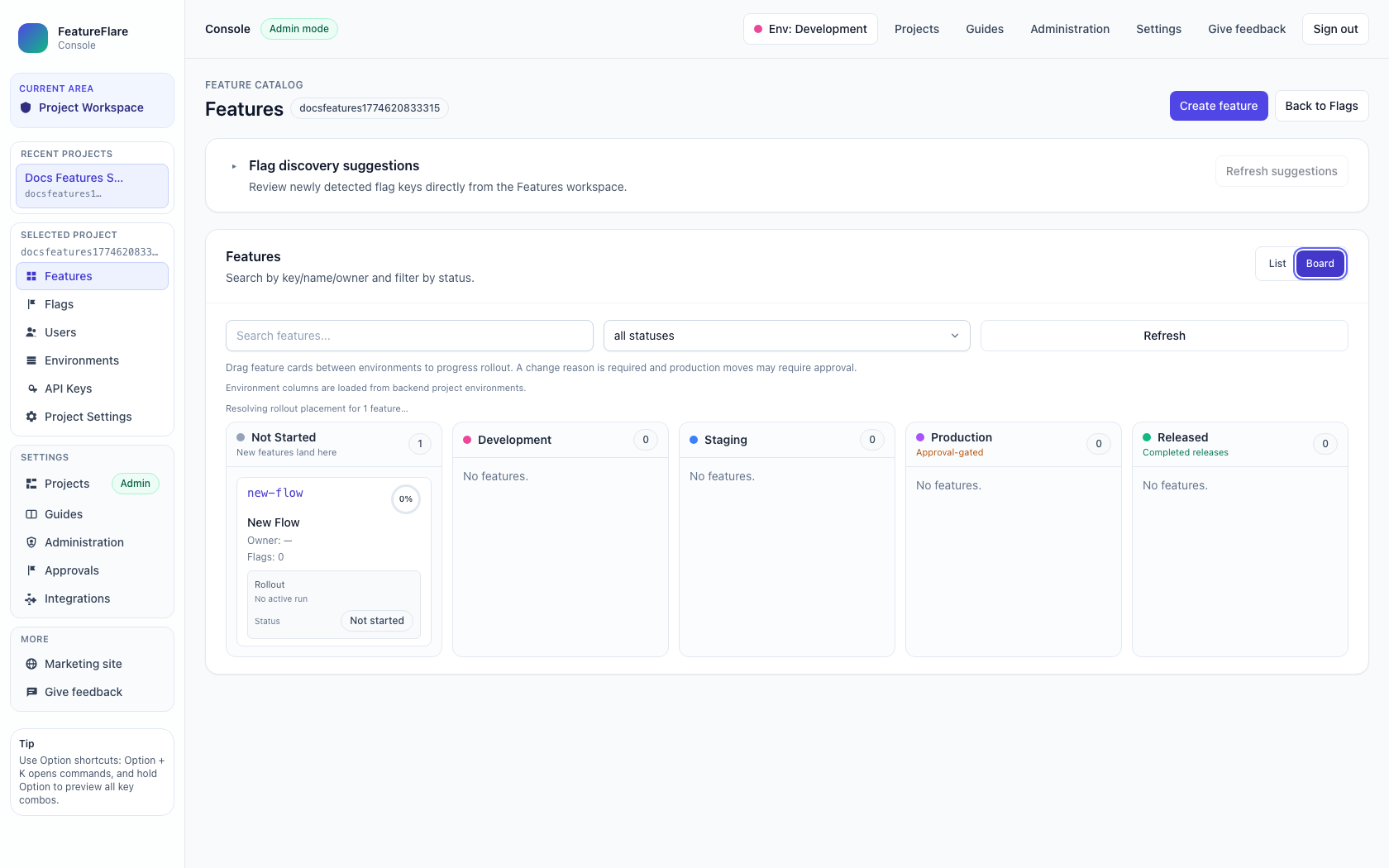 Features workspace board view with discovery card, filters, and environment columns
