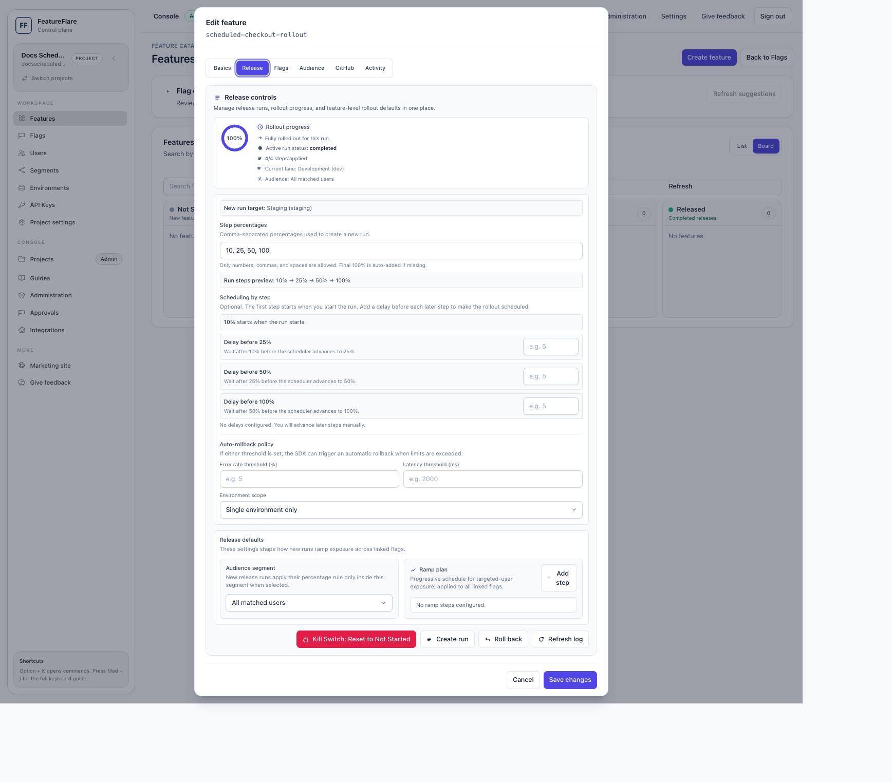 Feature Release tab showing per-step scheduling inputs for a scheduled rollout