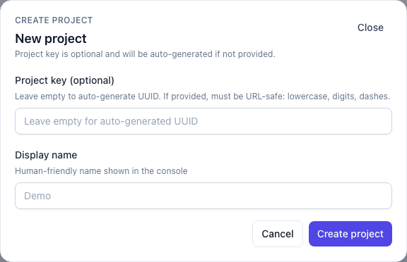 Create project modal with optional project key and display name fields