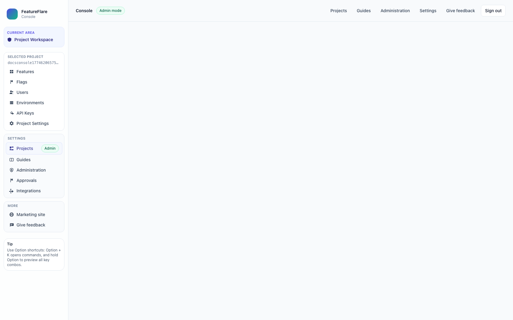 Project workspace destination after selecting Open from the projects list